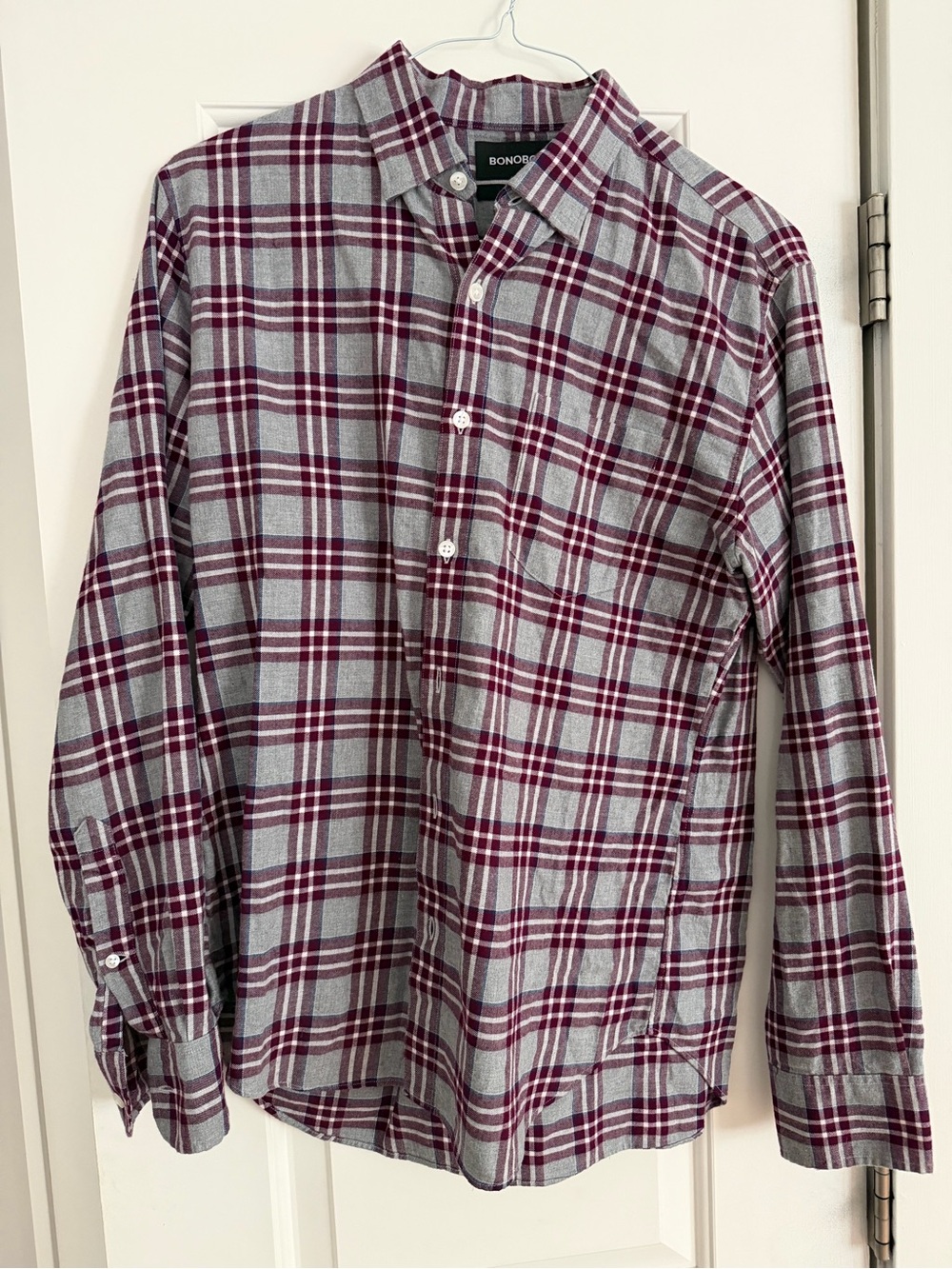 Bonobos Men’s Gray and Burgundy Plaid Button-Down Shirt
